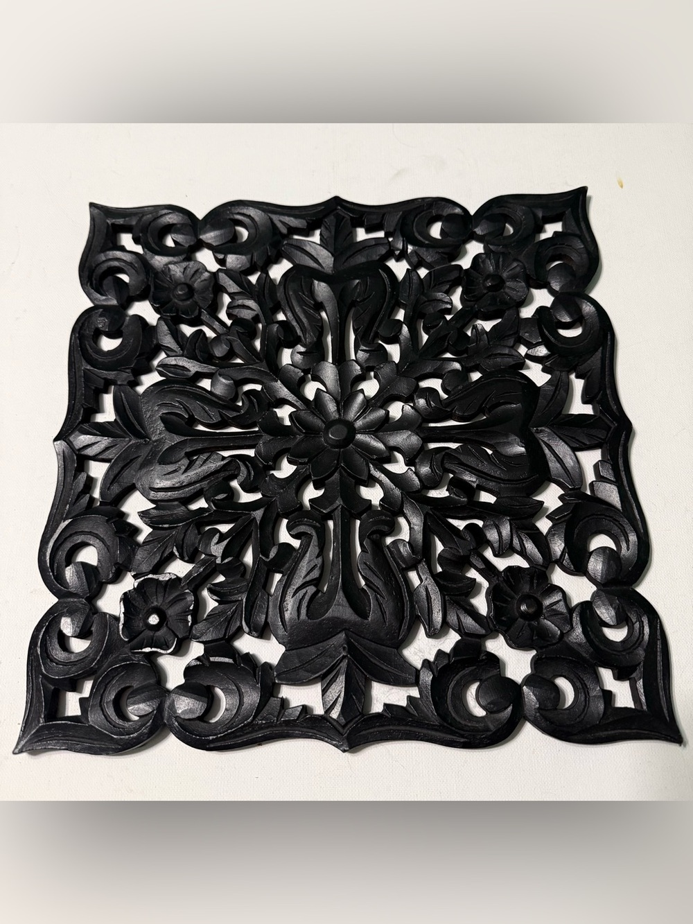 Black Floral Carved Wall Art Panel - Elegant Decorative Accent 13.25 x 13.25
